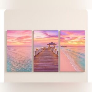 Sunset Ocean Landscape Pastel Color Framed Canvas Wall Art 16'' x 24''